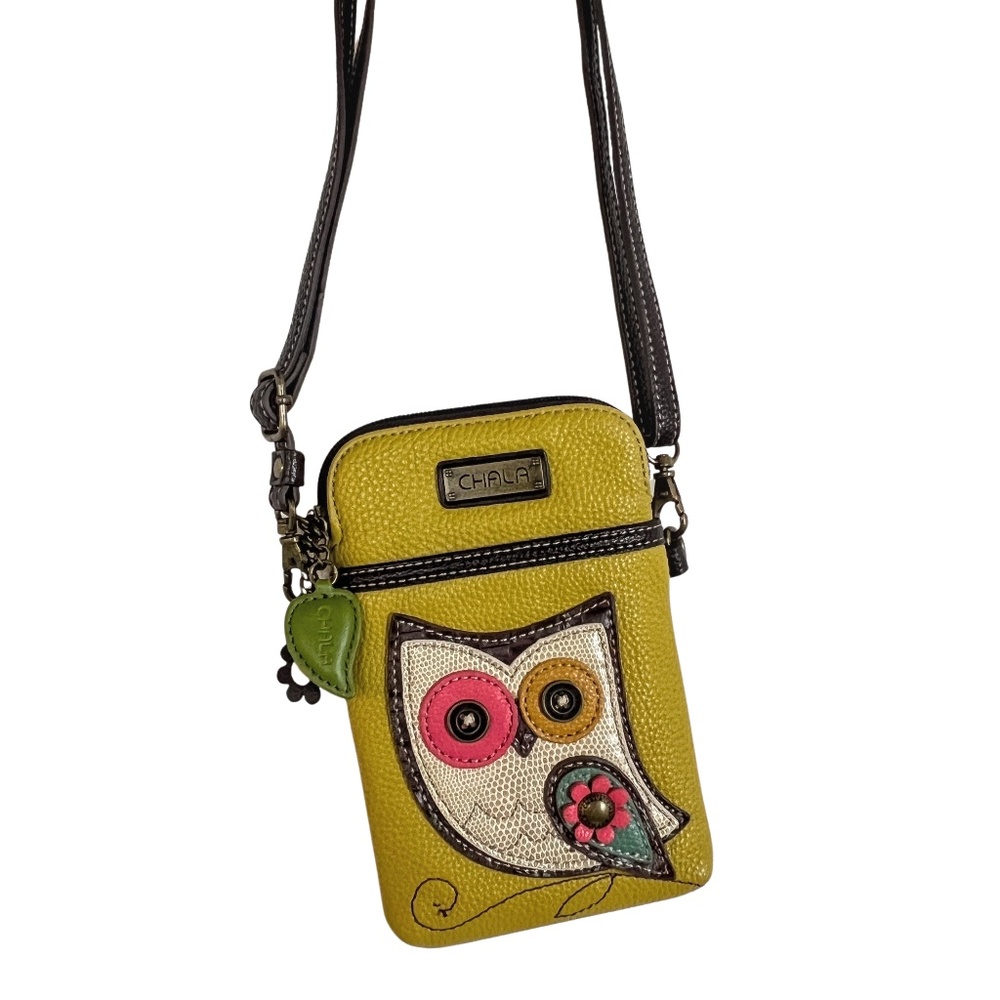 CHALA Crossbody Cell Phone Gold Vegan Pebbled Leather Bag Wide Eyed Owl - Picture 4 of 14